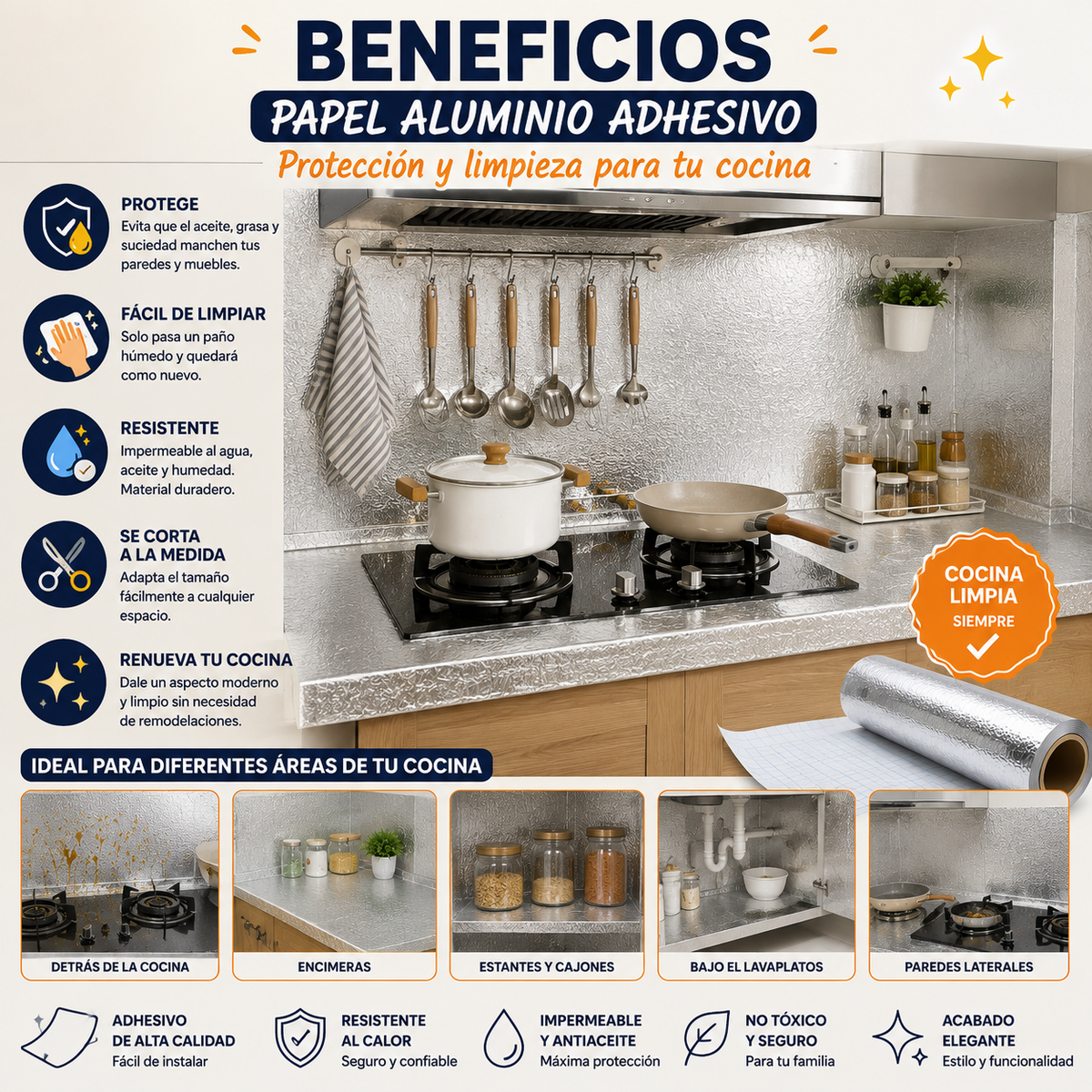 PAPEL DE ALUMINIO AUTOADHESIVO DE COCINA  -  OFERTA ESPECIAL 2X1