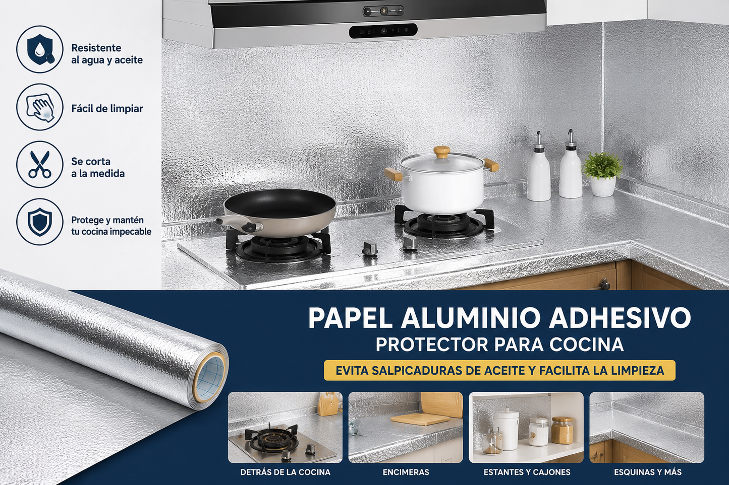 PAPEL DE ALUMINIO AUTOADHESIVO DE COCINA  -  OFERTA ESPECIAL 2X1